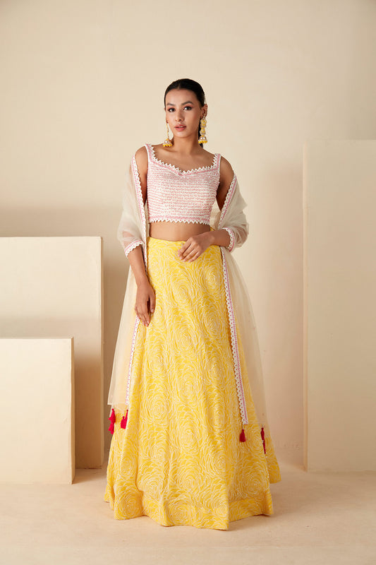 Yellow and White Thread Lehenga Set