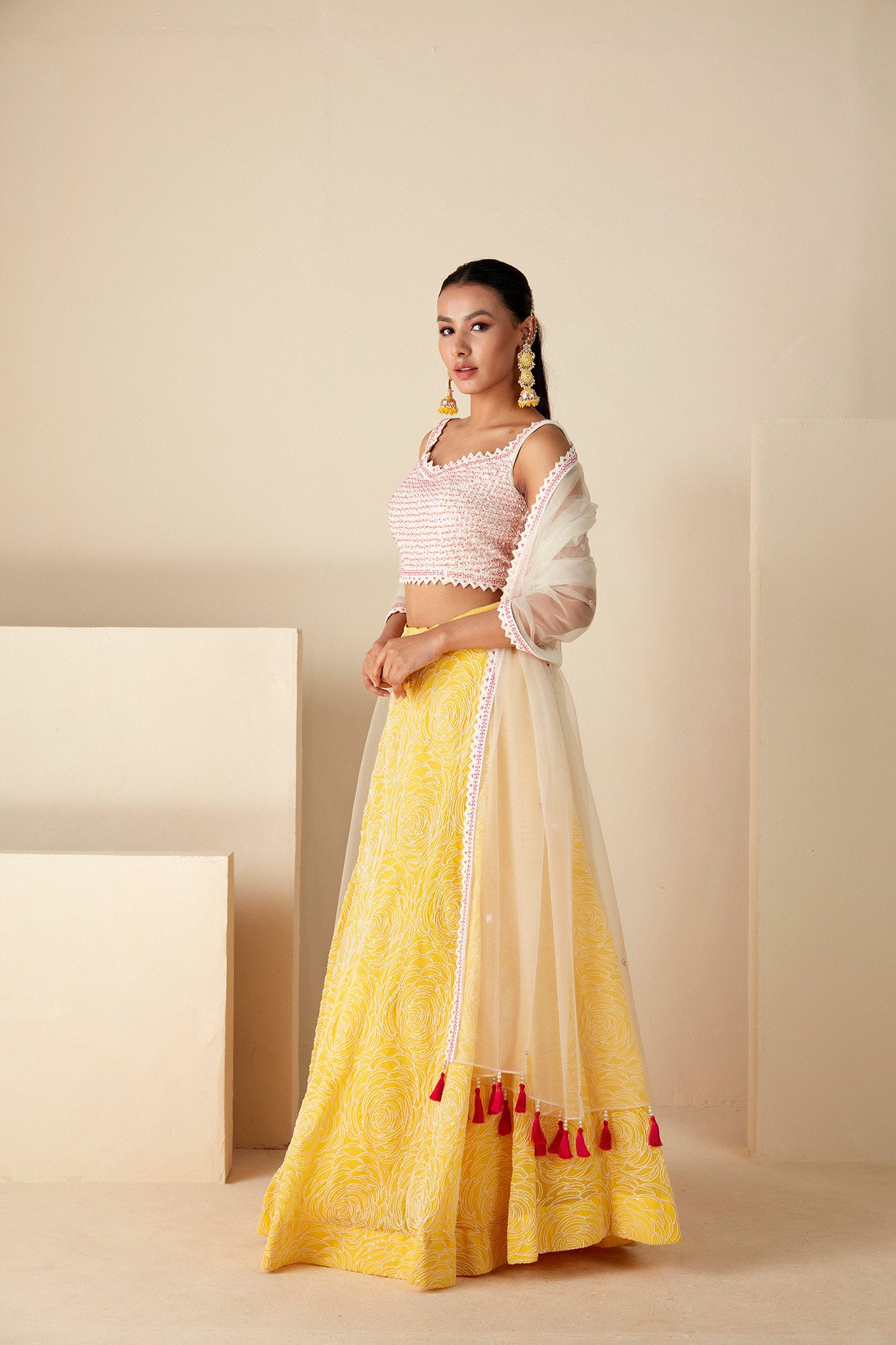 Yellow and White Thread Lehenga Set