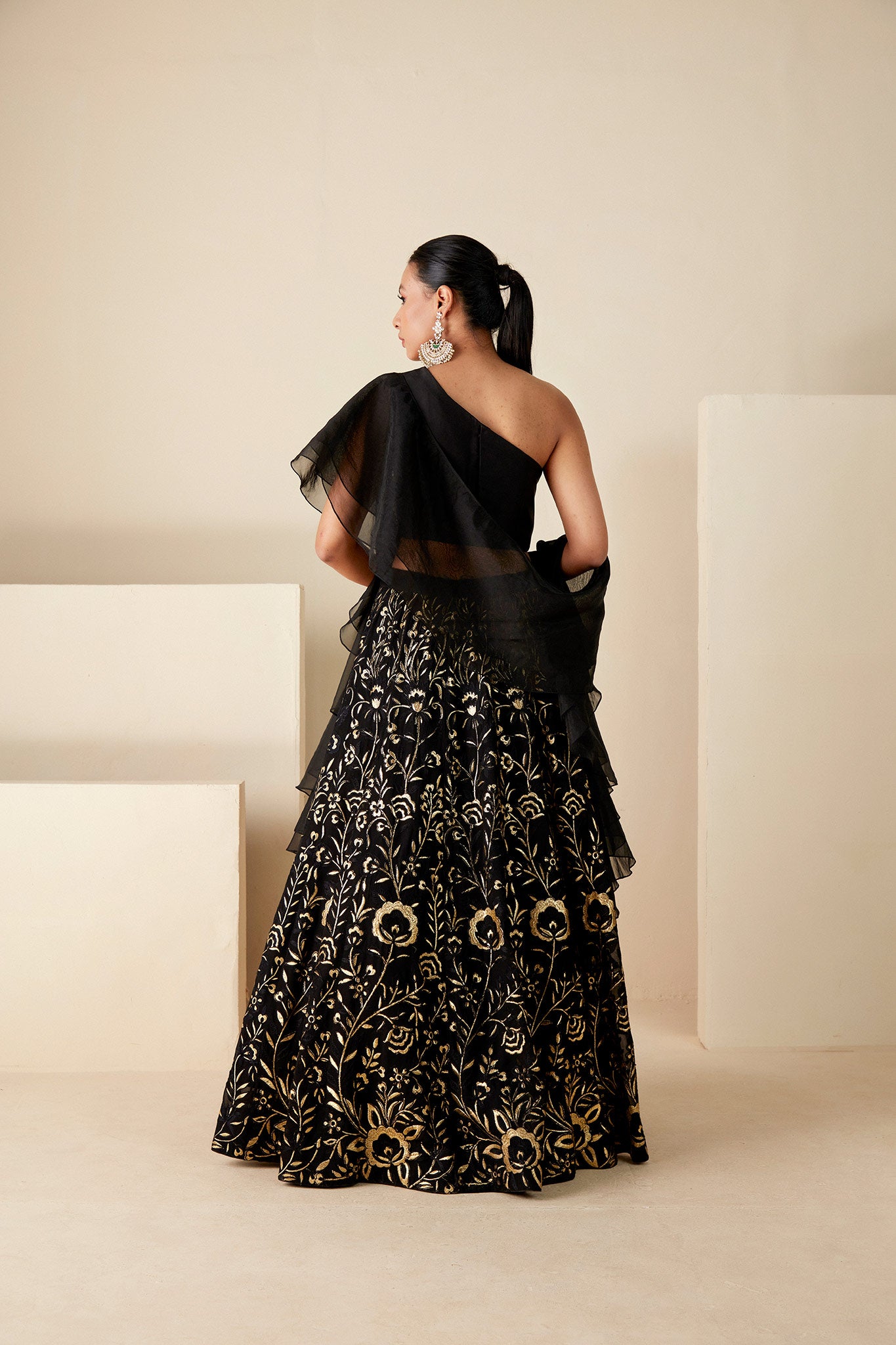 Black One shoulder Lehenga Set