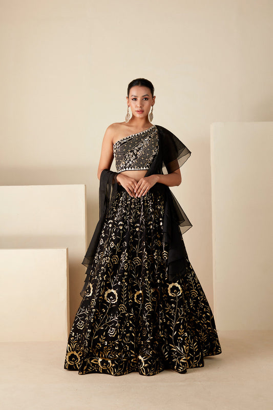 Black One shoulder Lehenga Set