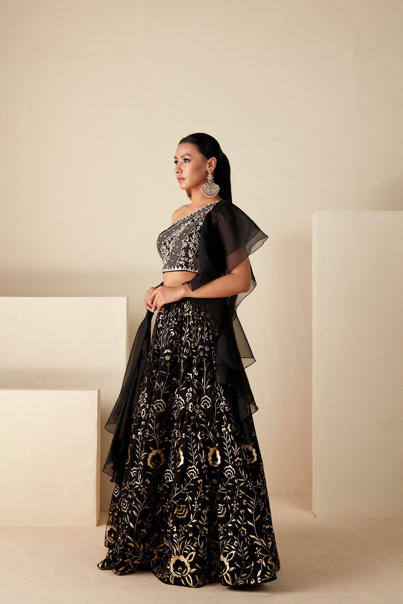 Black One shoulder Lehenga Set