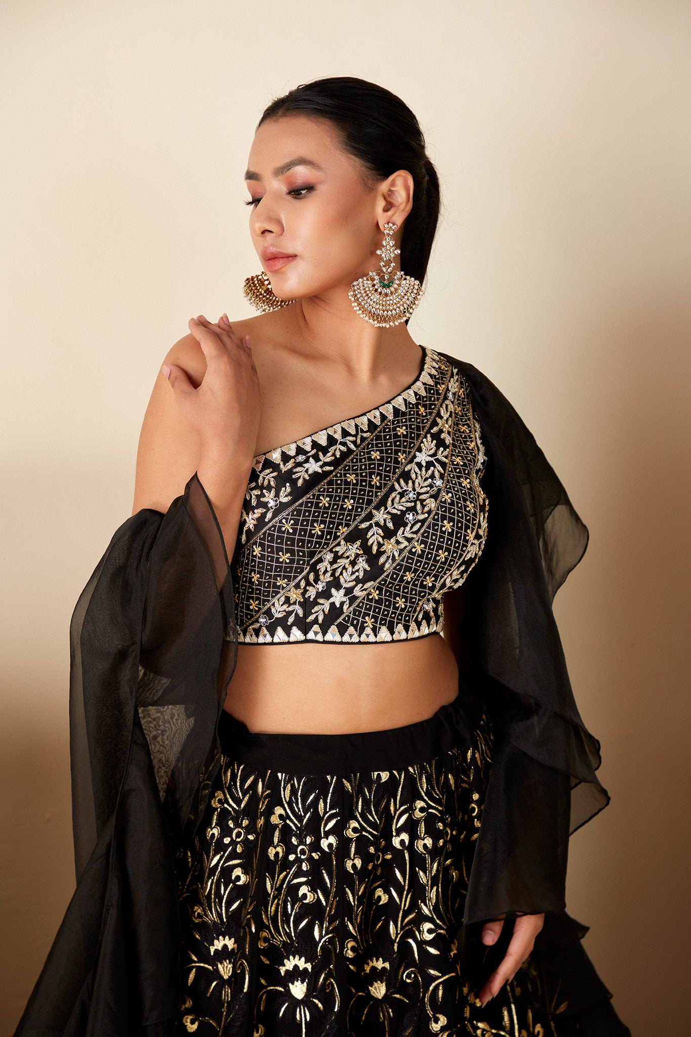 Black One shoulder Lehenga Set