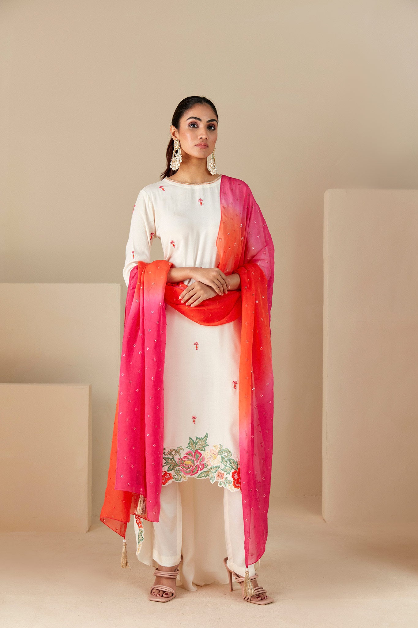 Off white Suit with ombre dupatta