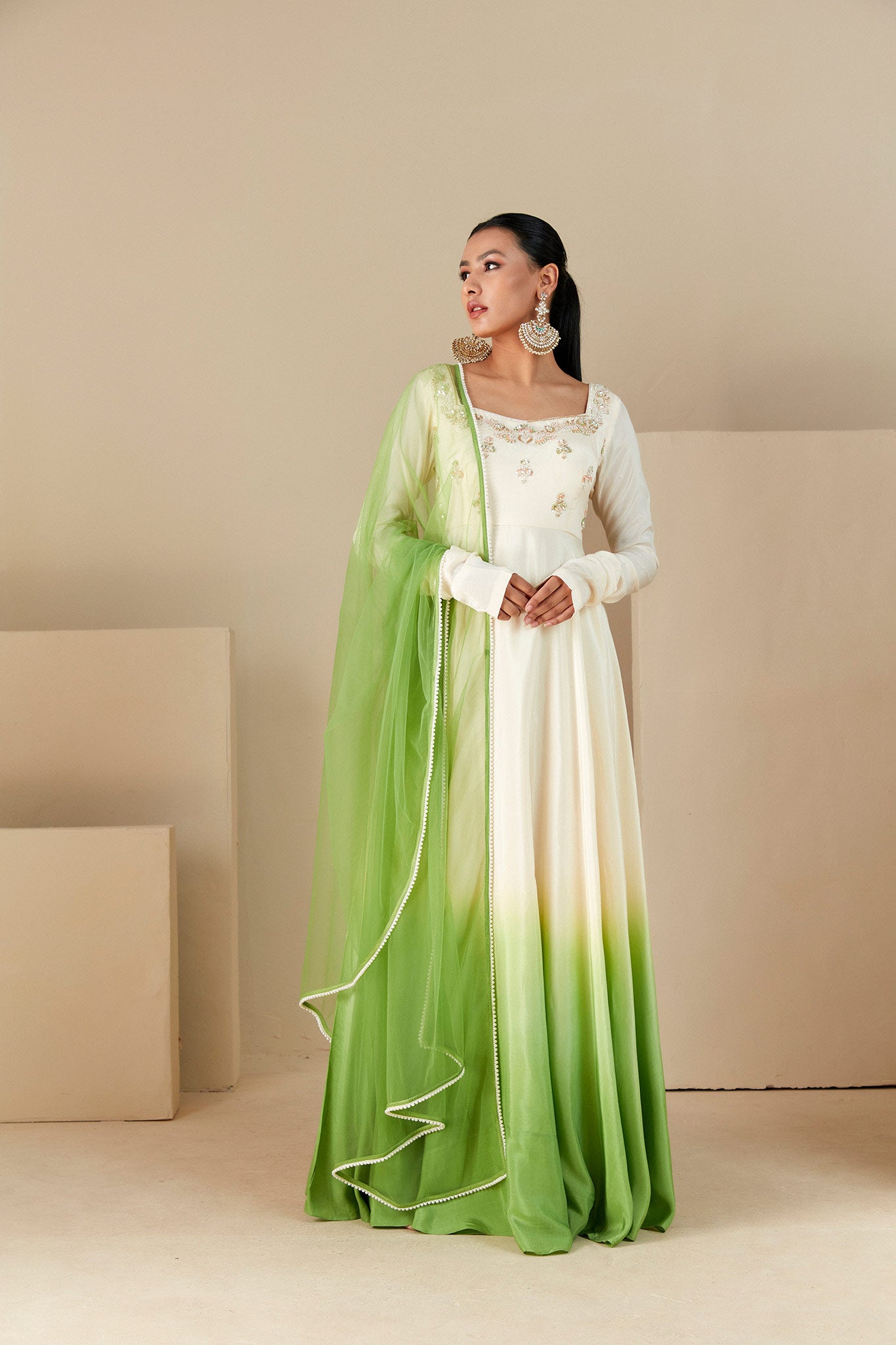 Green Hand Embroidered Anarkali Suit