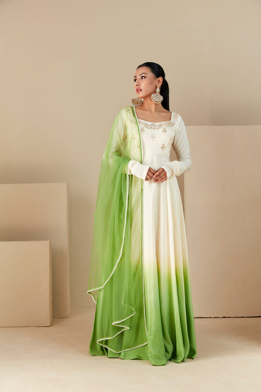 Green Hand Embroidered Anarkali Suit