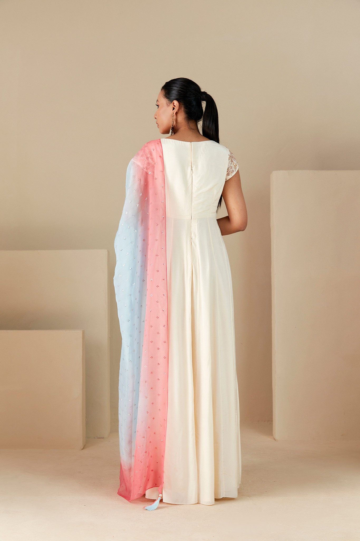 Off white Anarkali with ombre dupatta