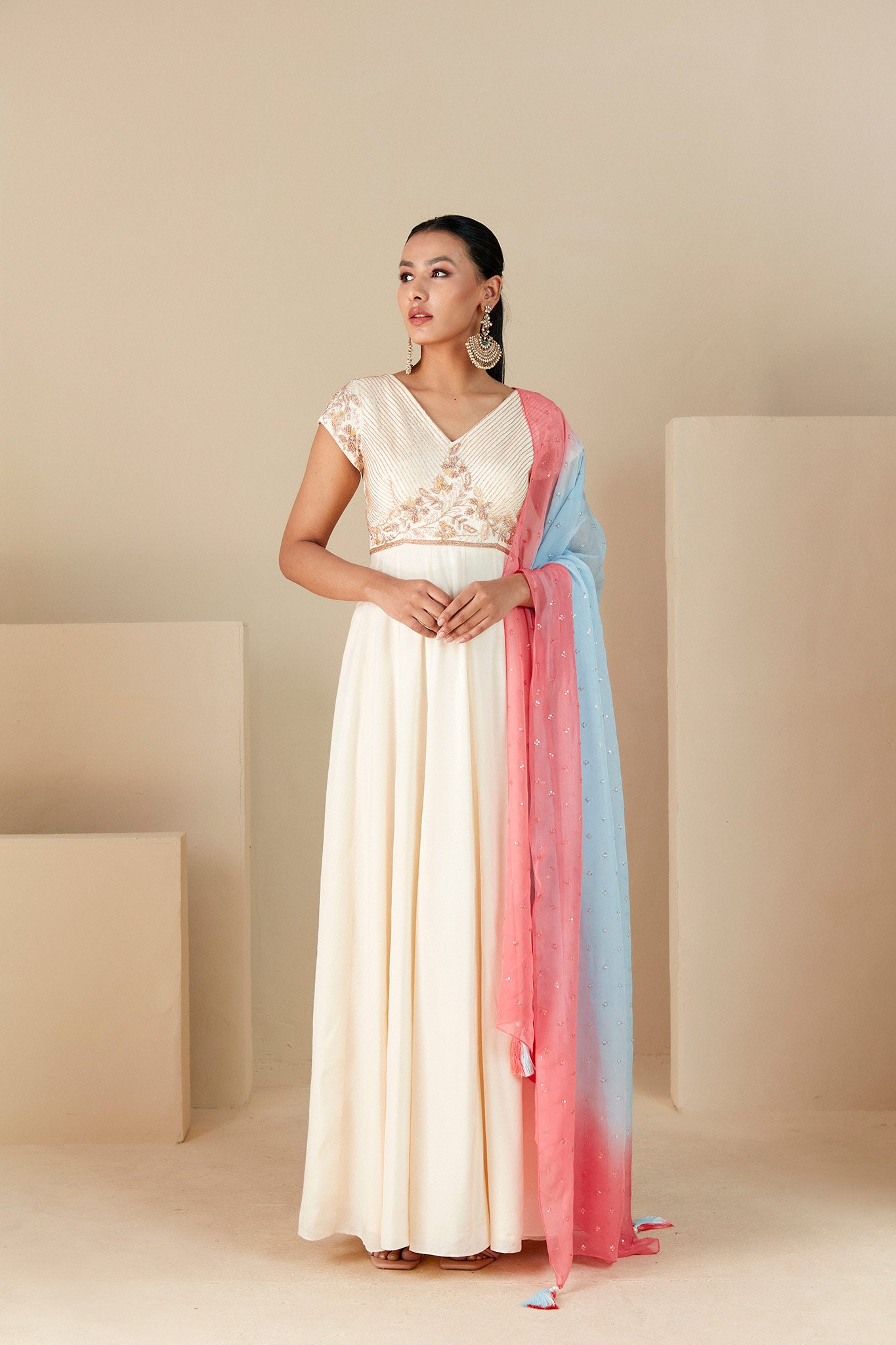 Off white Anarkali with ombre dupatta