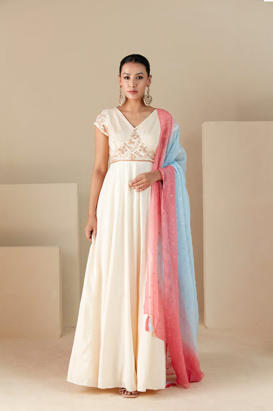 Off white Anarkali with ombre dupatta