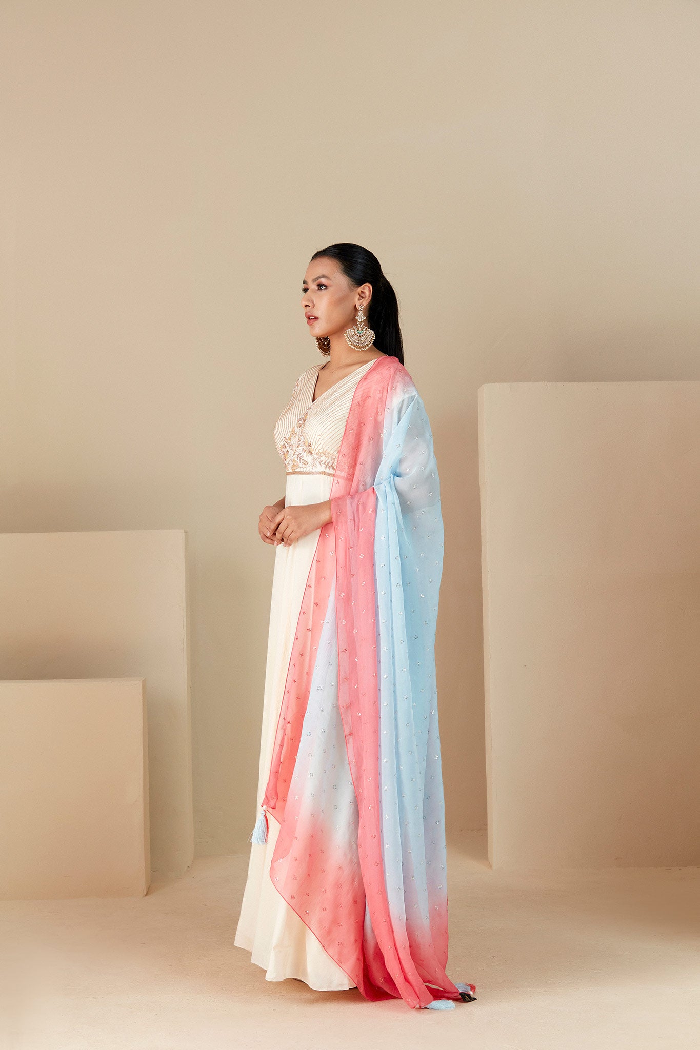 Off white Anarkali with ombre dupatta