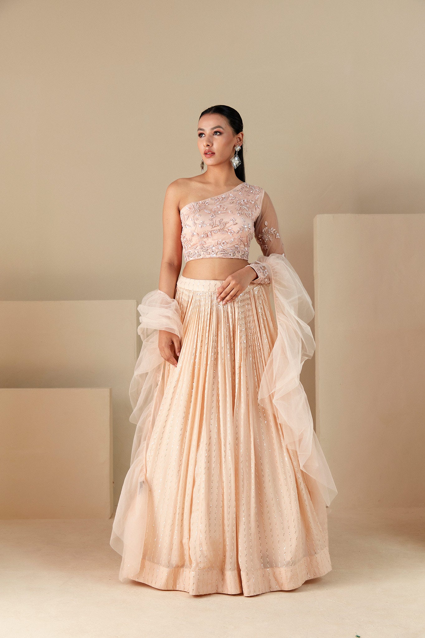 Peach One shoulder Lehenga Set