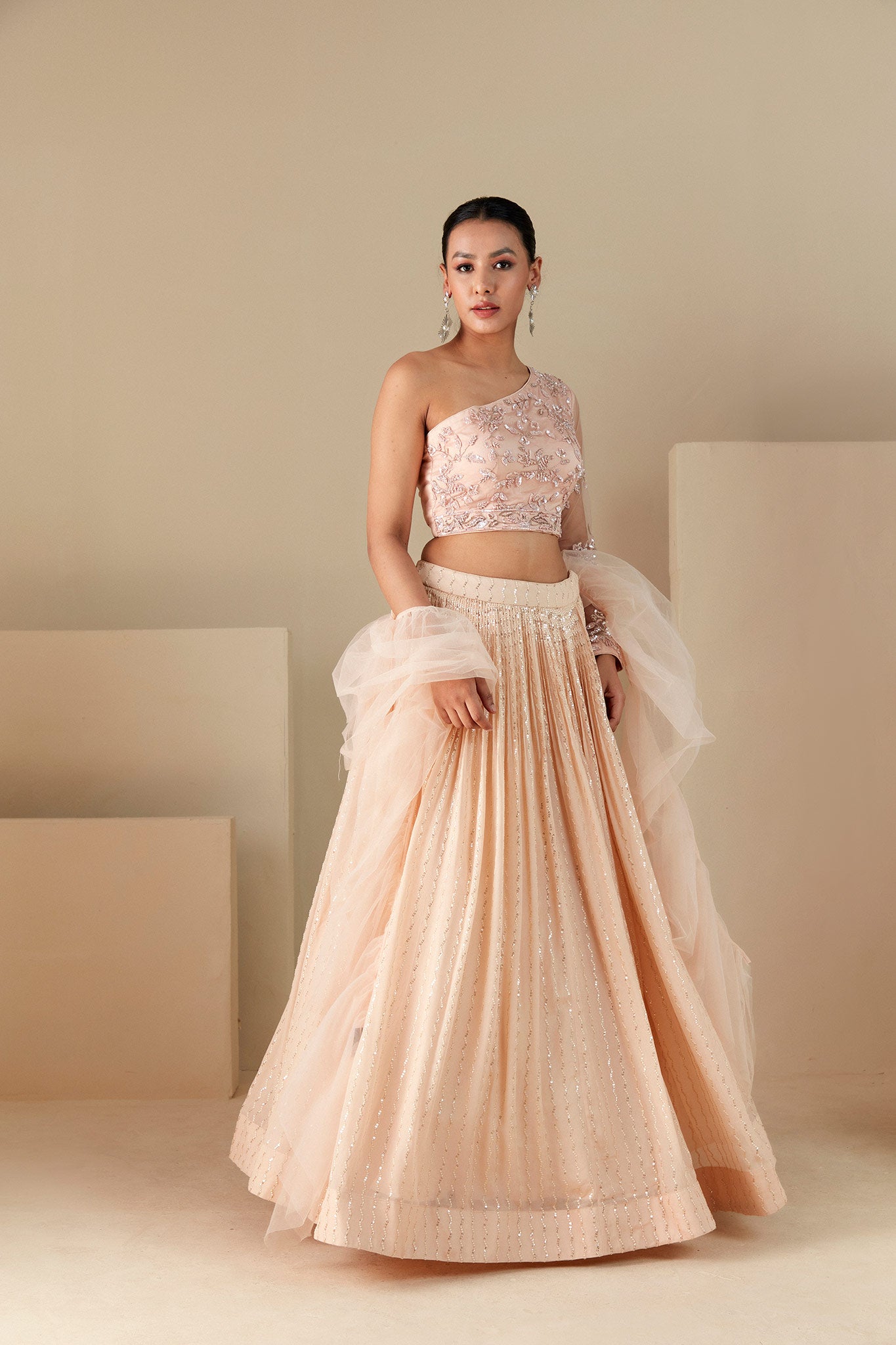 Peach One shoulder Lehenga Set