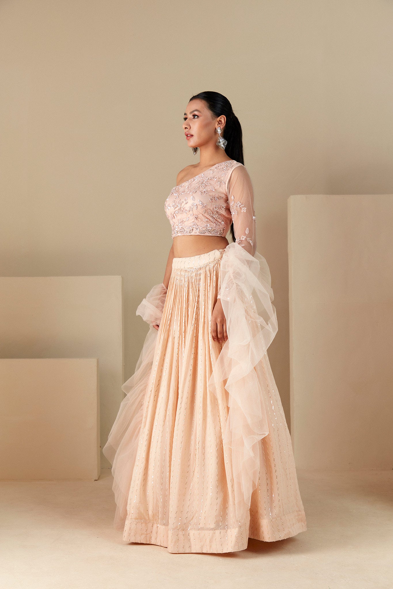 Peach One shoulder Lehenga Set