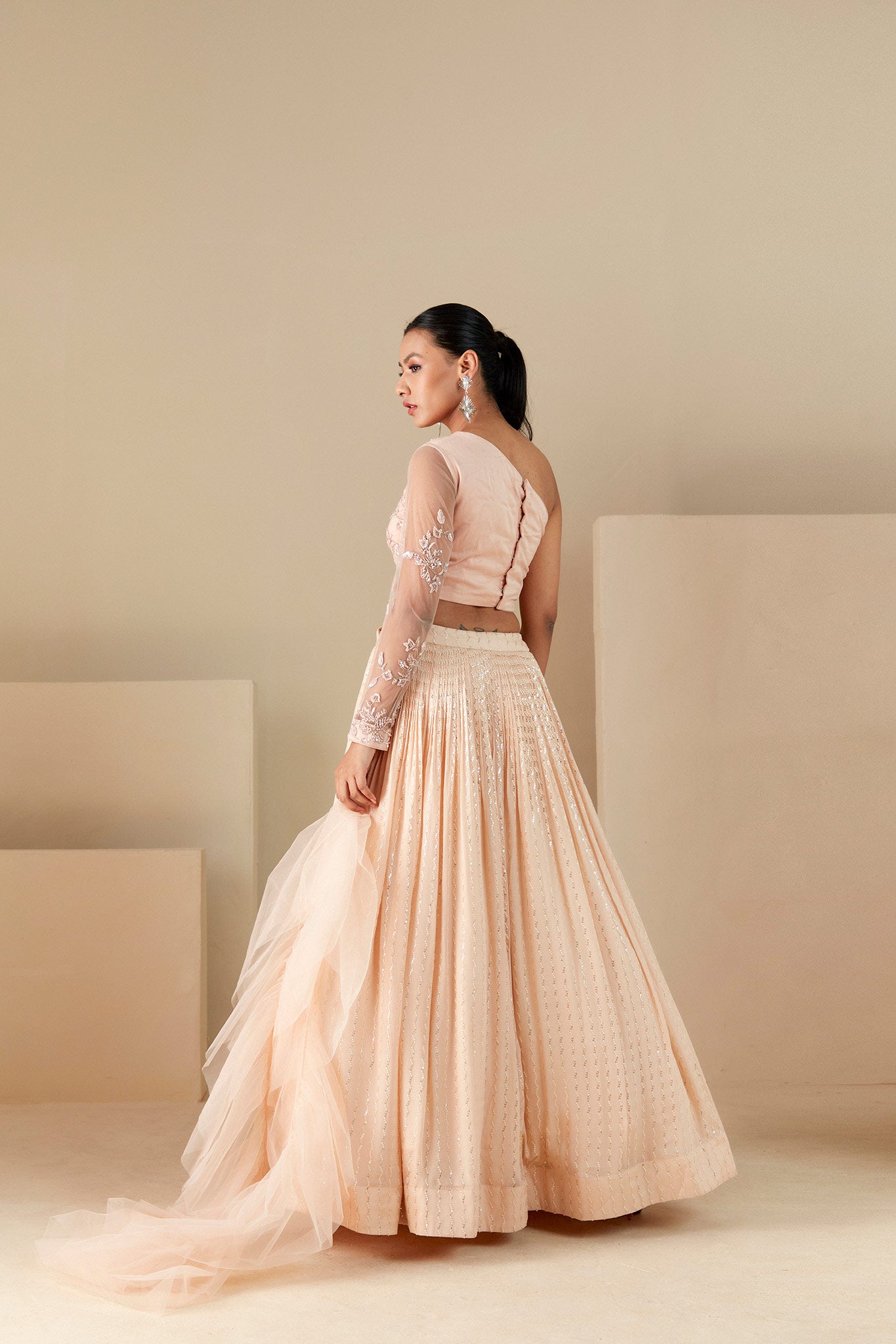 Peach One shoulder Lehenga Set