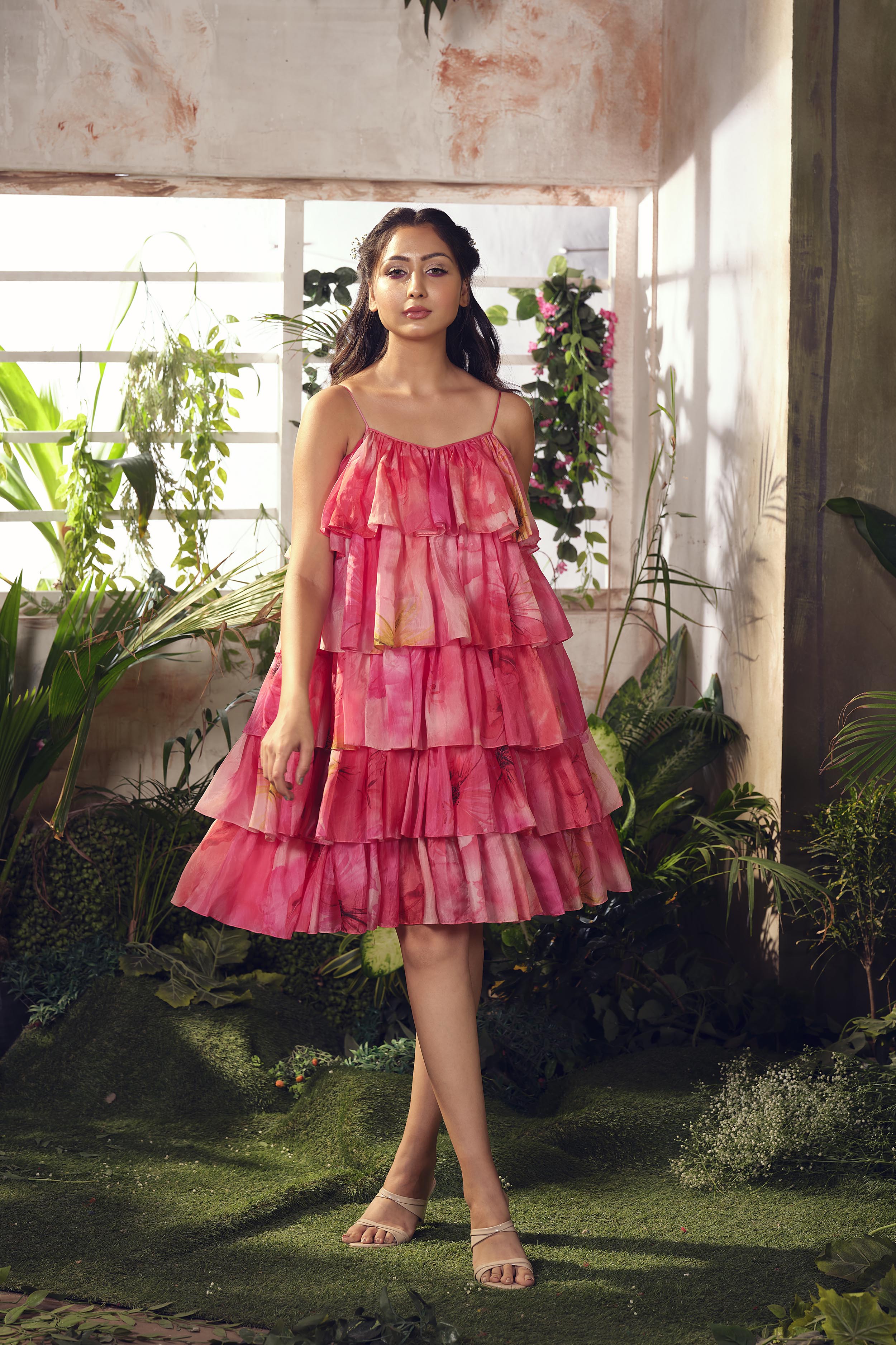 Pink Habutai Silk Tiered Dress