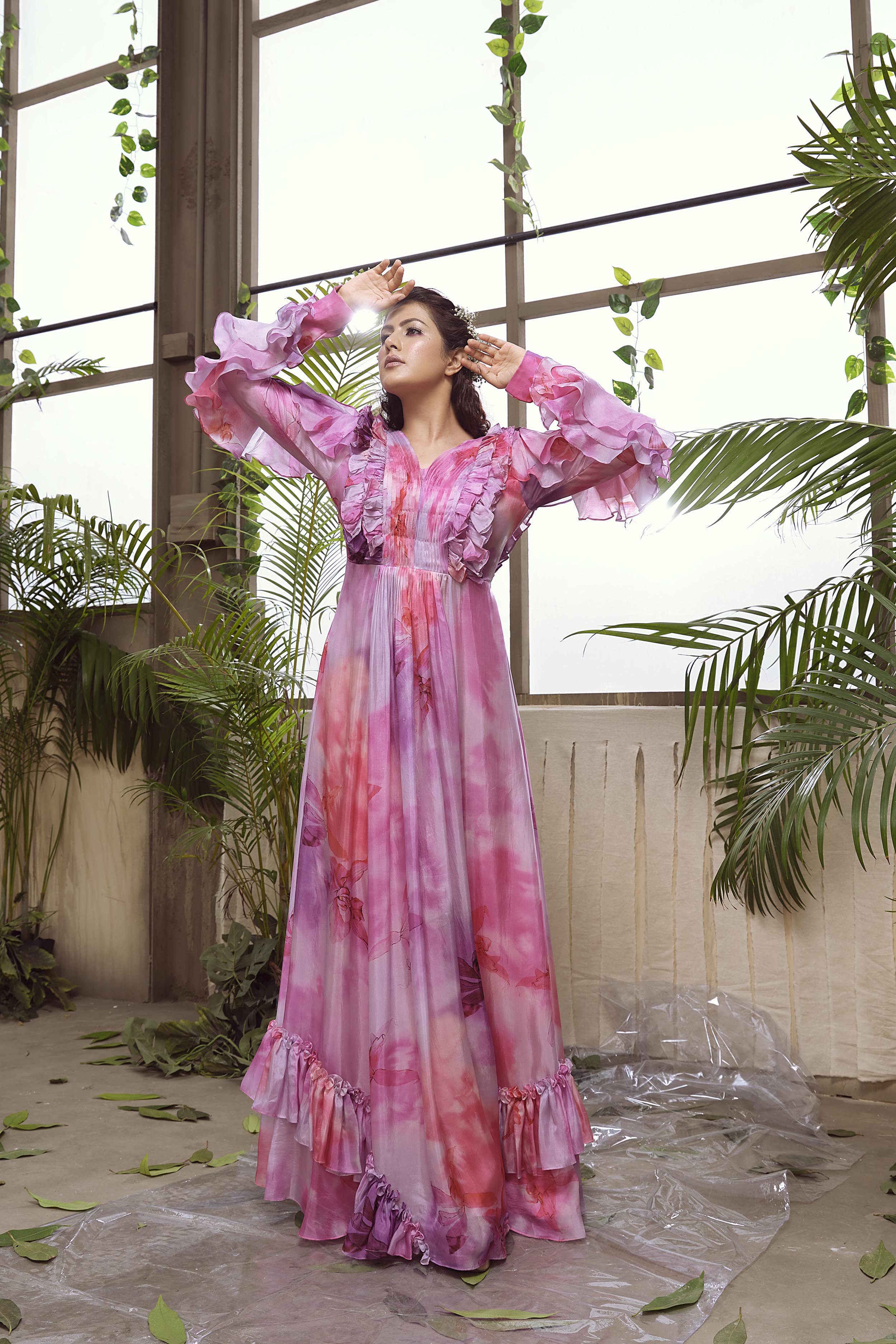 Pink & Lavender Habutai Silk Flared Gown