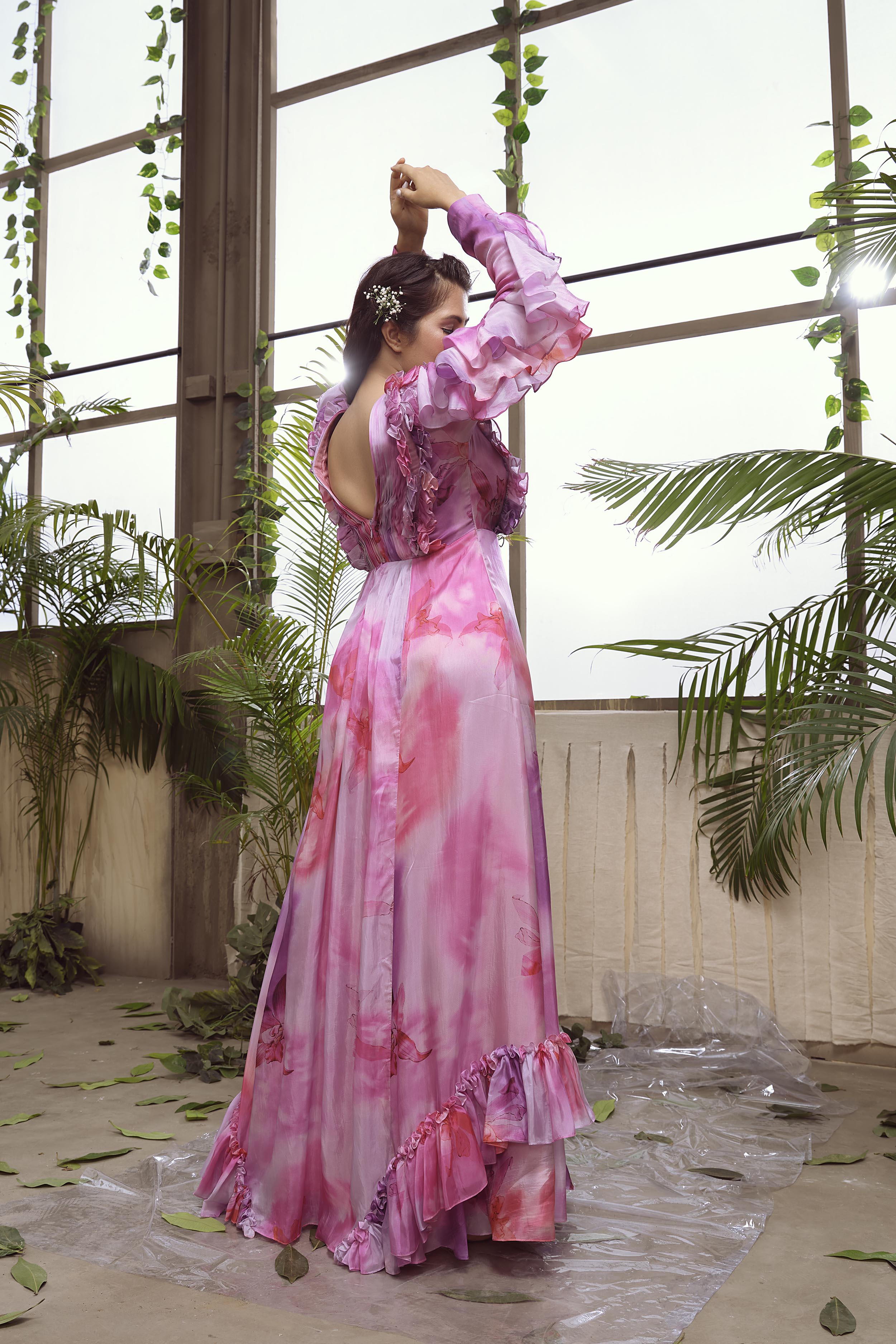 Pink & Lavender Habutai Silk Flared Gown