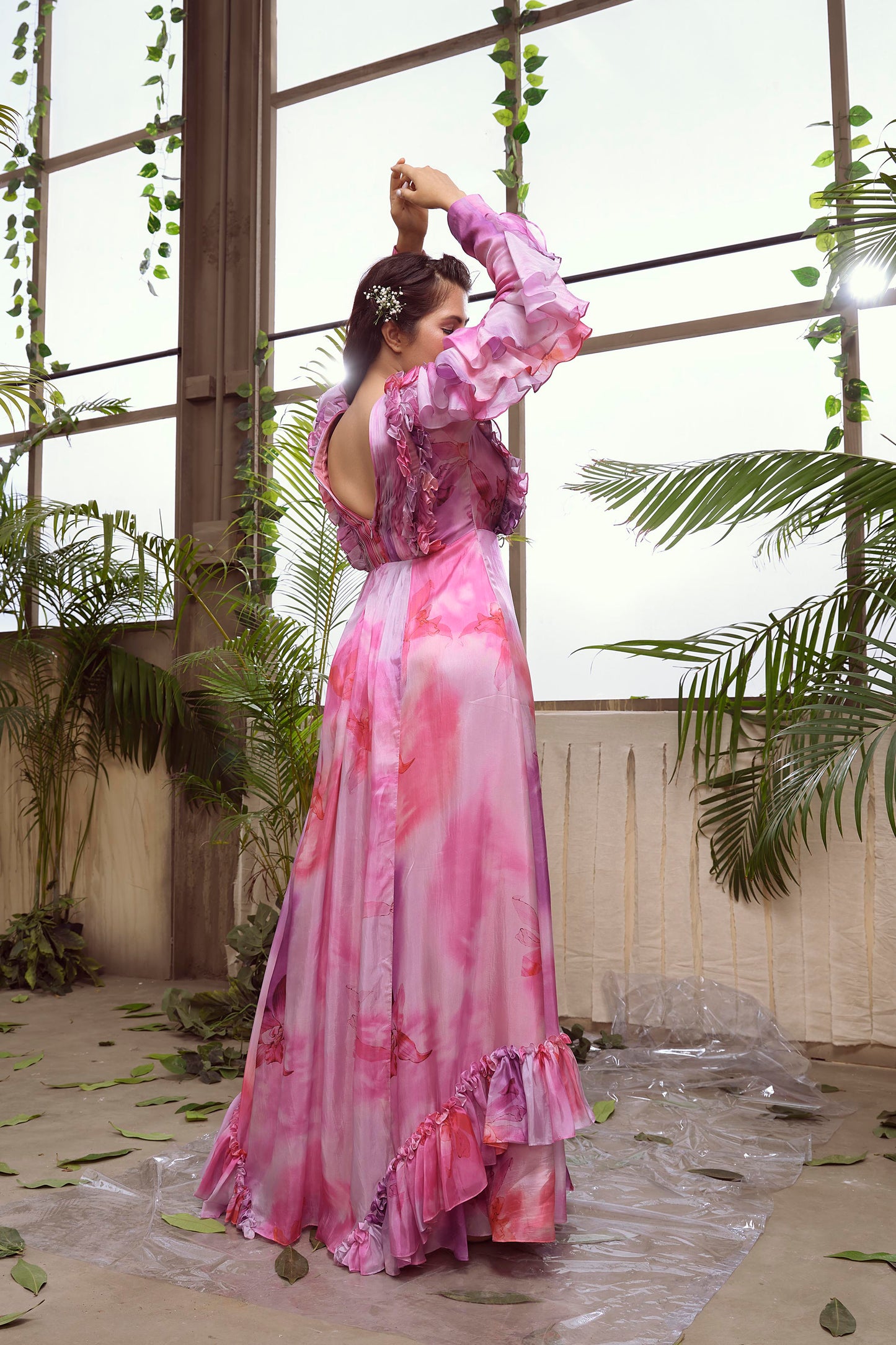 Pink & Lavender Habutai Silk Flared Gown