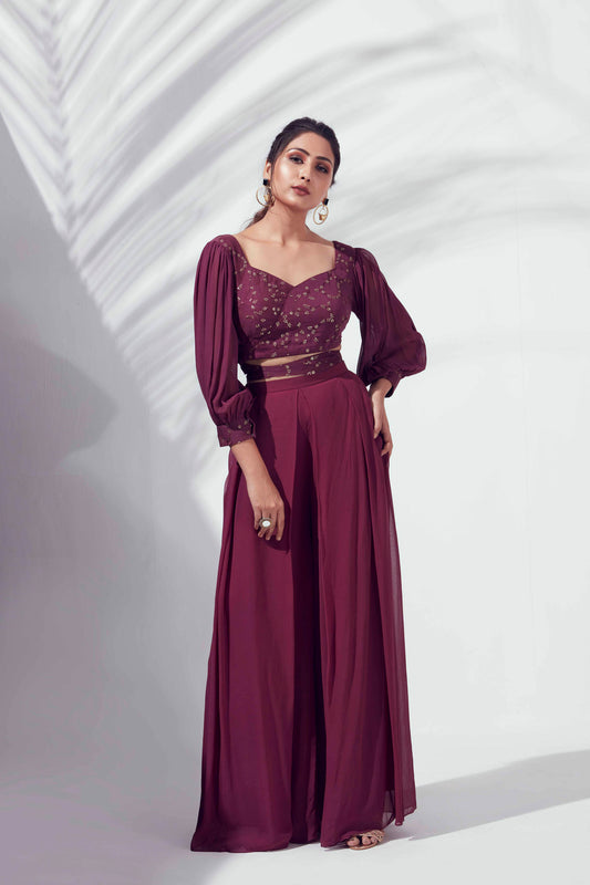 Wine Georgette Flared Pant Set