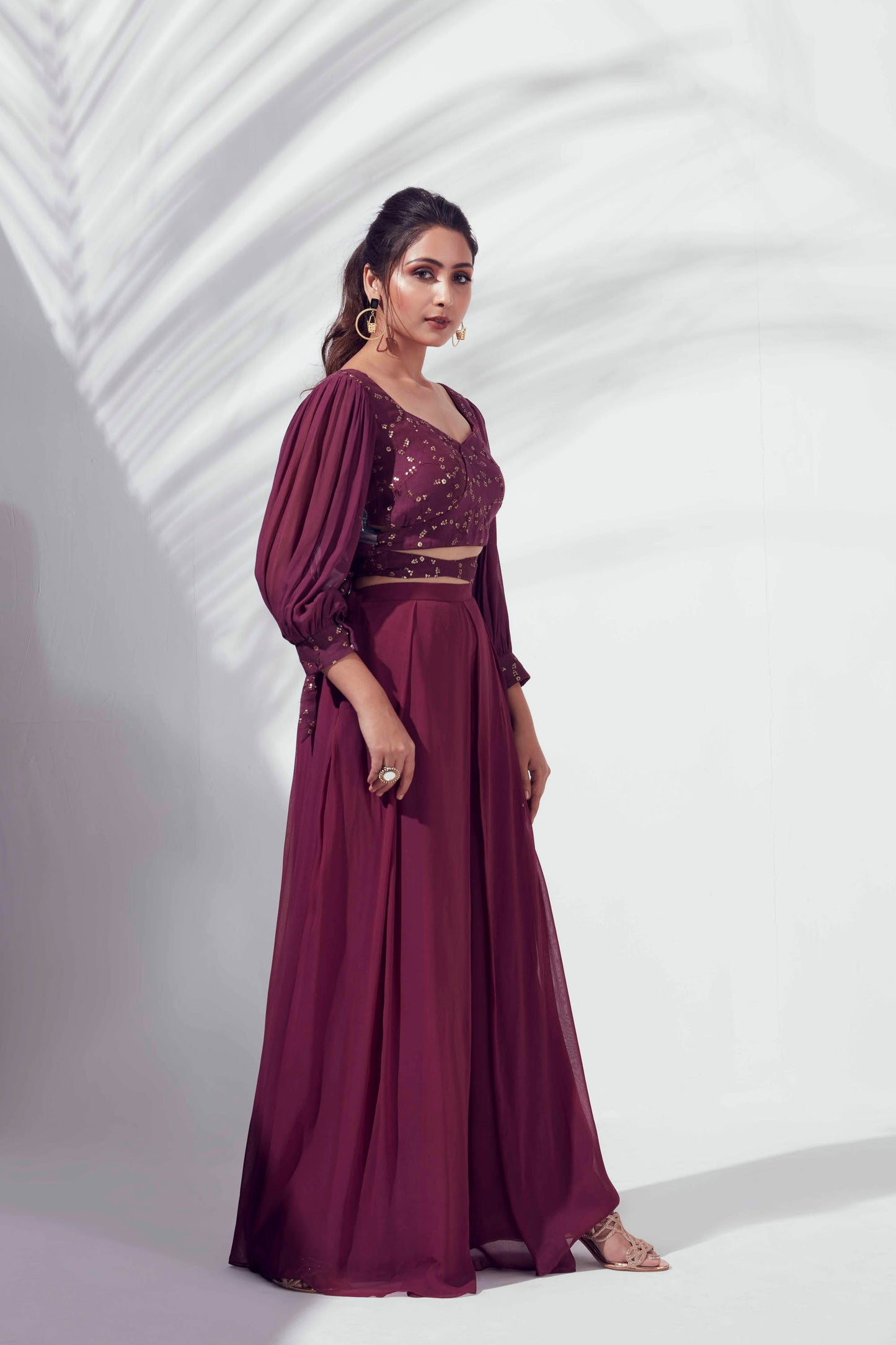 Wine Georgette Flared Pant Set