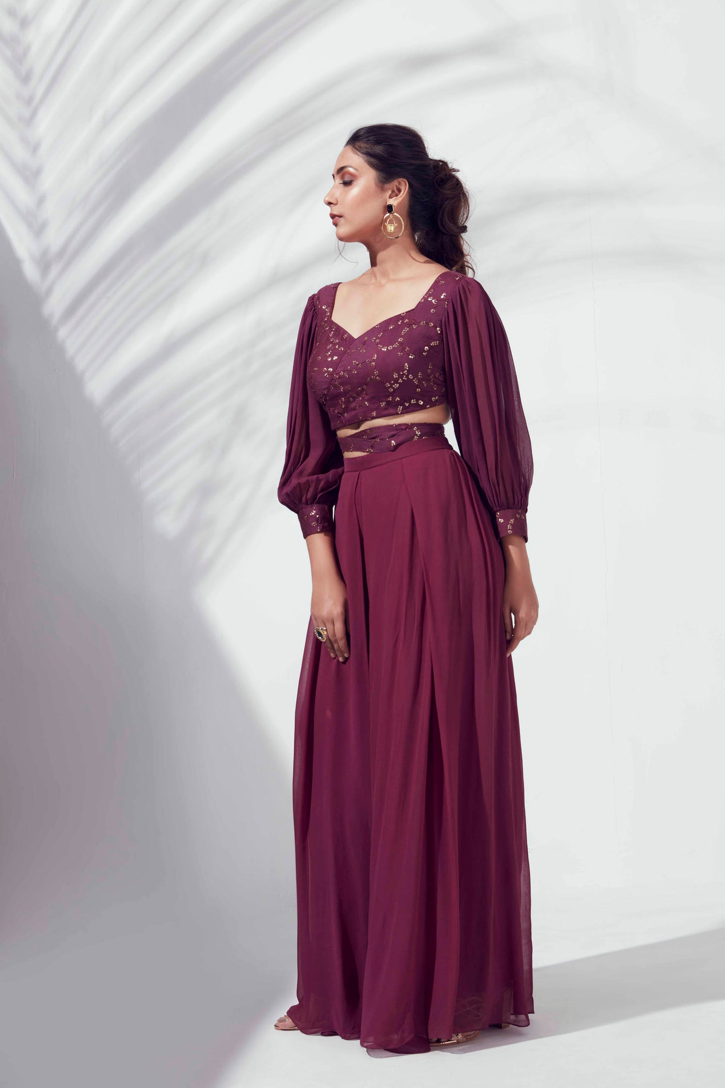 Wine Georgette Flared Pant Set