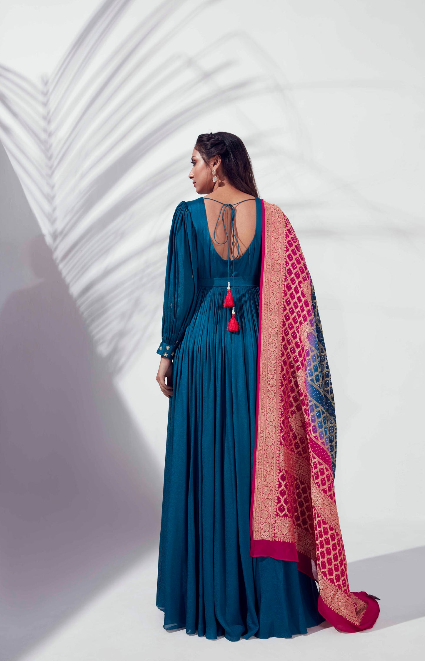 Peacock Blue Embroidered Angrakha Anarkali Set