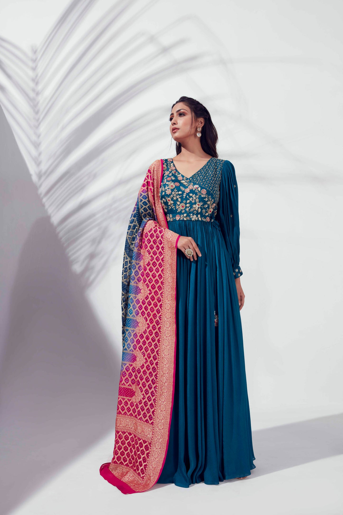 Peacock Blue Embroidered Angrakha Anarkali Set