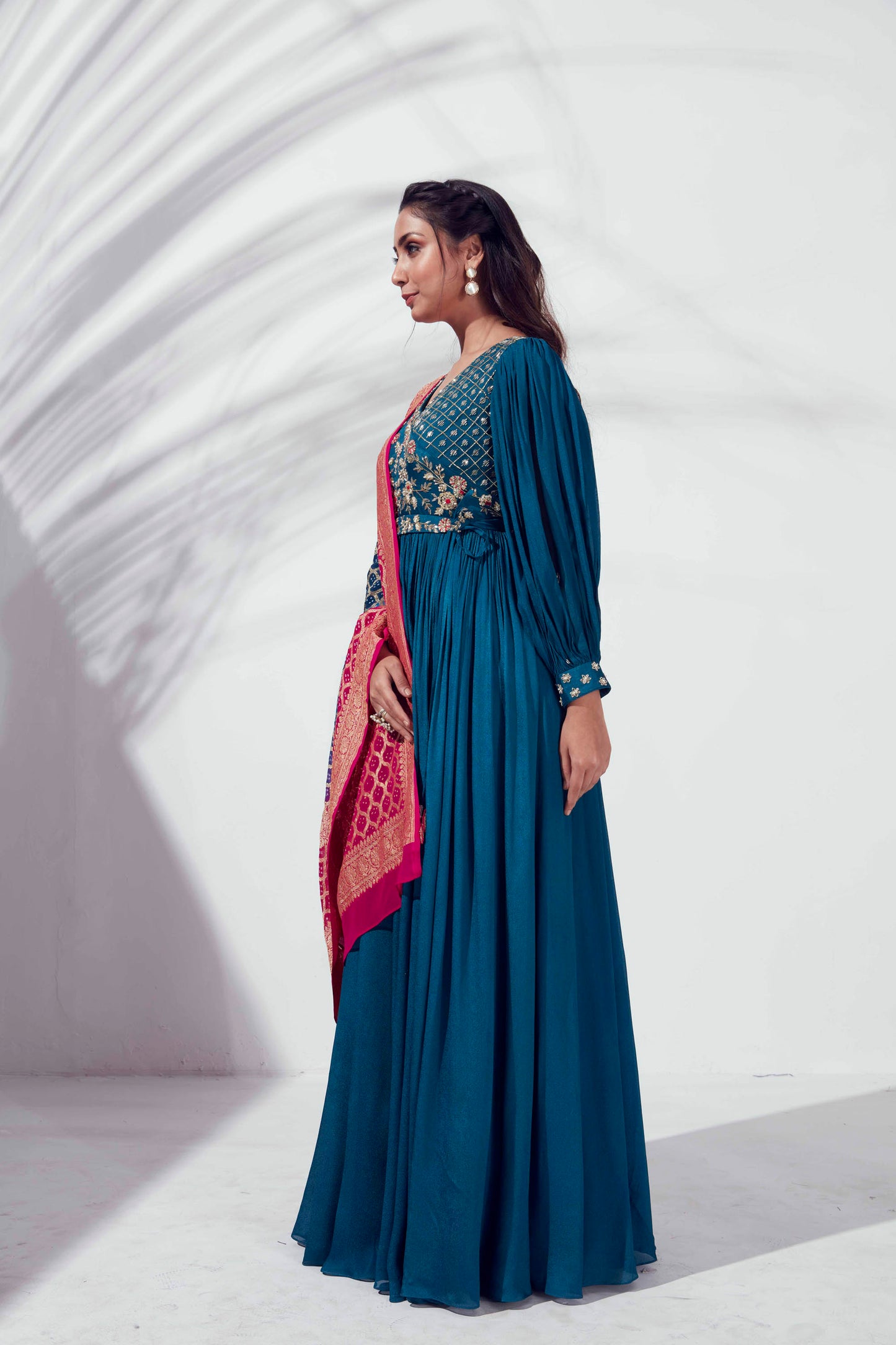 Peacock Blue Embroidered Angrakha Anarkali Set