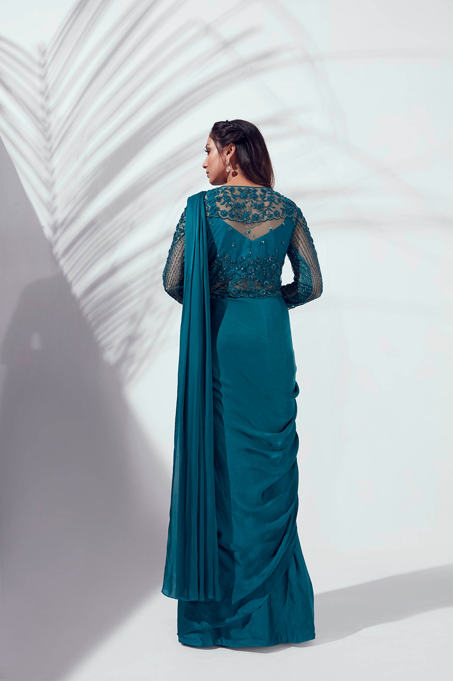 Teal Blue Pre-Draped Saree Set