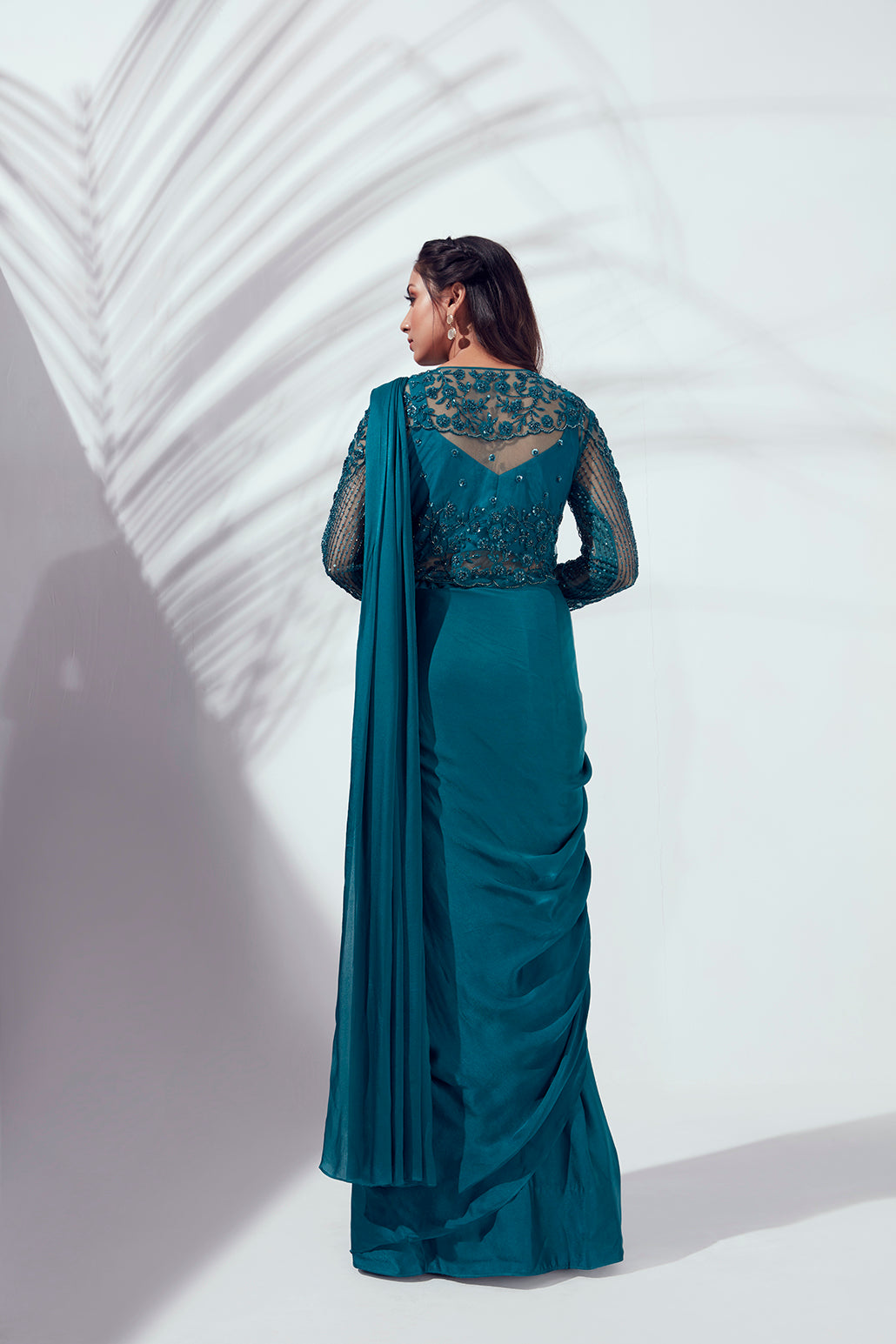 Teal Blue Pre Drape Jacket Saree