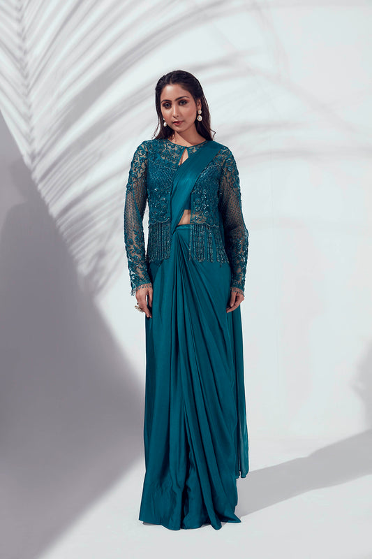 Teal Blue Pre-Draped Saree Set