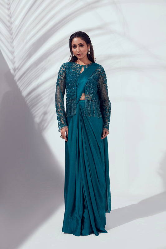 Teal Blue Pre Drape Jacket Saree