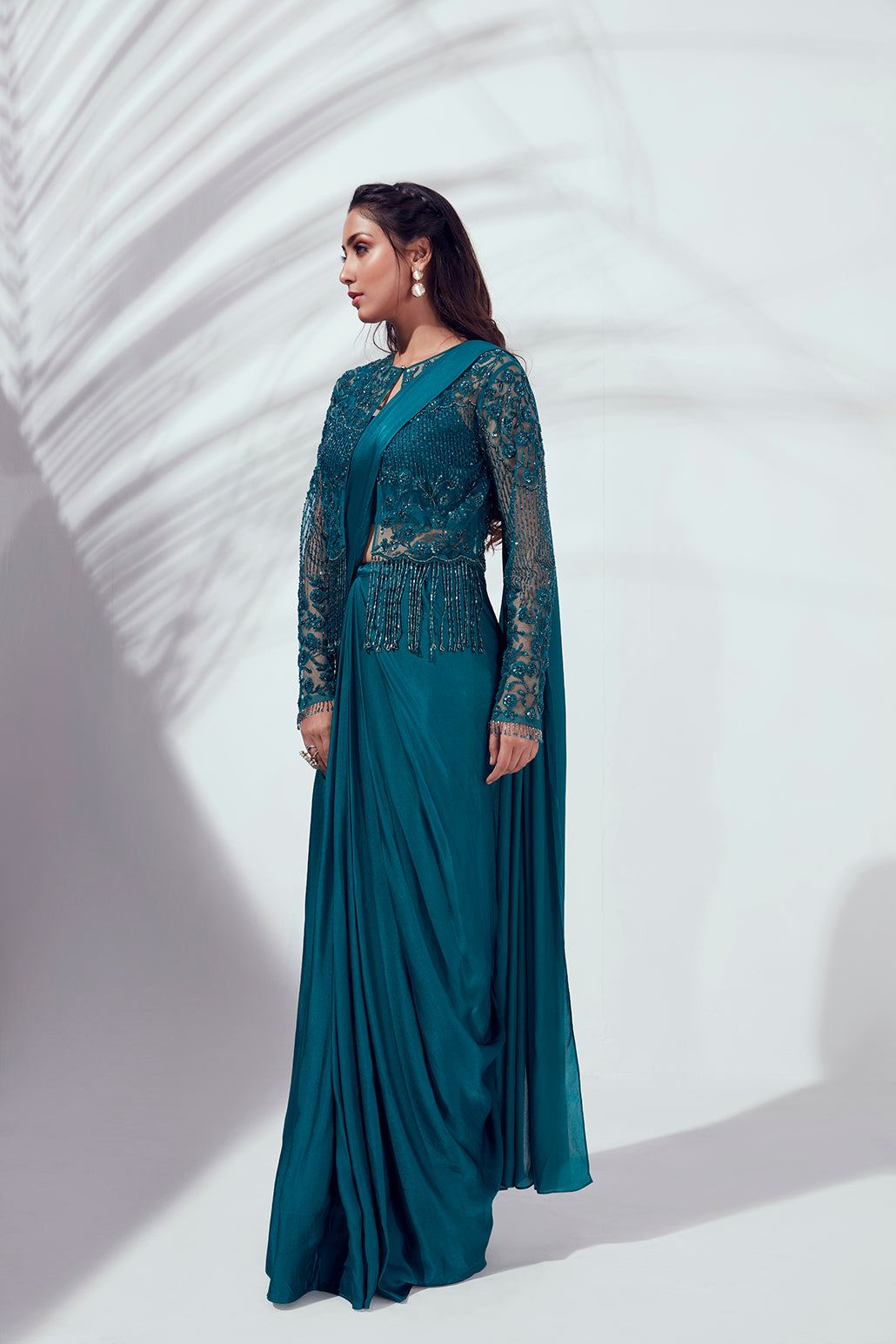 Teal Blue Pre Drape Jacket Saree