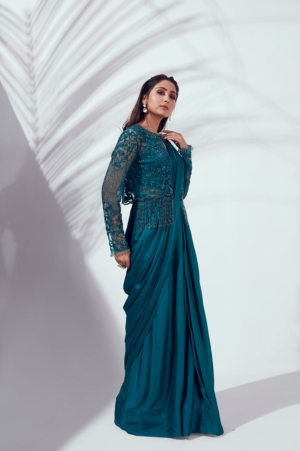 Teal Blue Pre Drape Jacket Saree