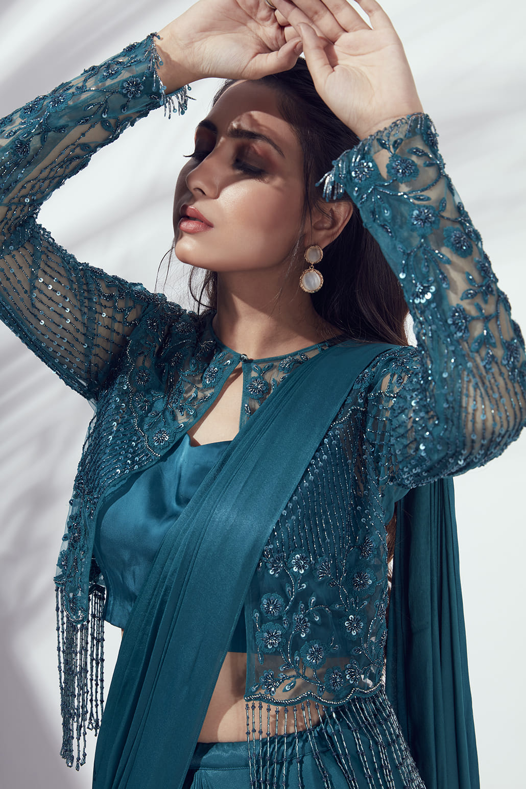 Teal Blue Pre Drape Jacket Saree
