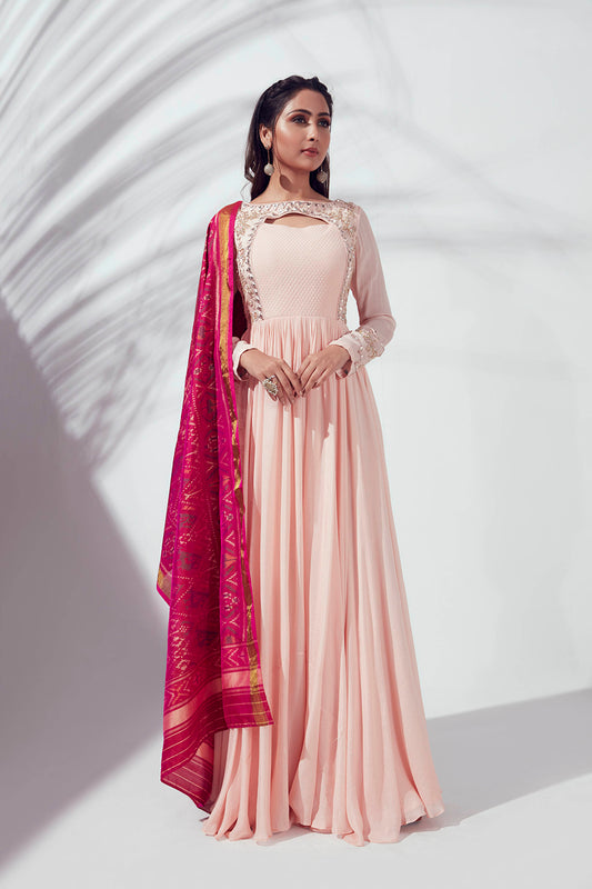 Light Pink Embroidered Pleated Anarkali Set