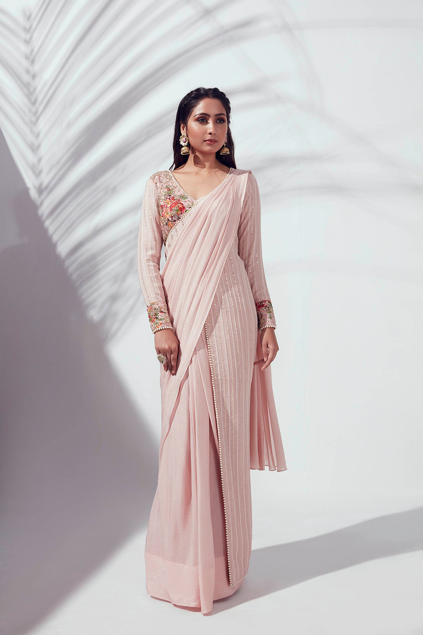 Pink Georgette Crepe Pre-Draped Saree Set