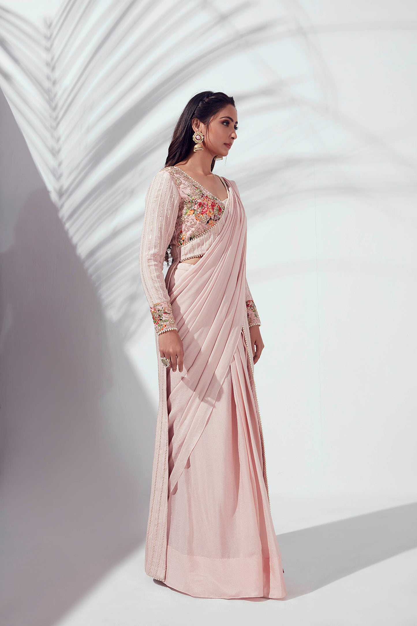 Pink Georgette Crepe Pre-Draped Saree Set