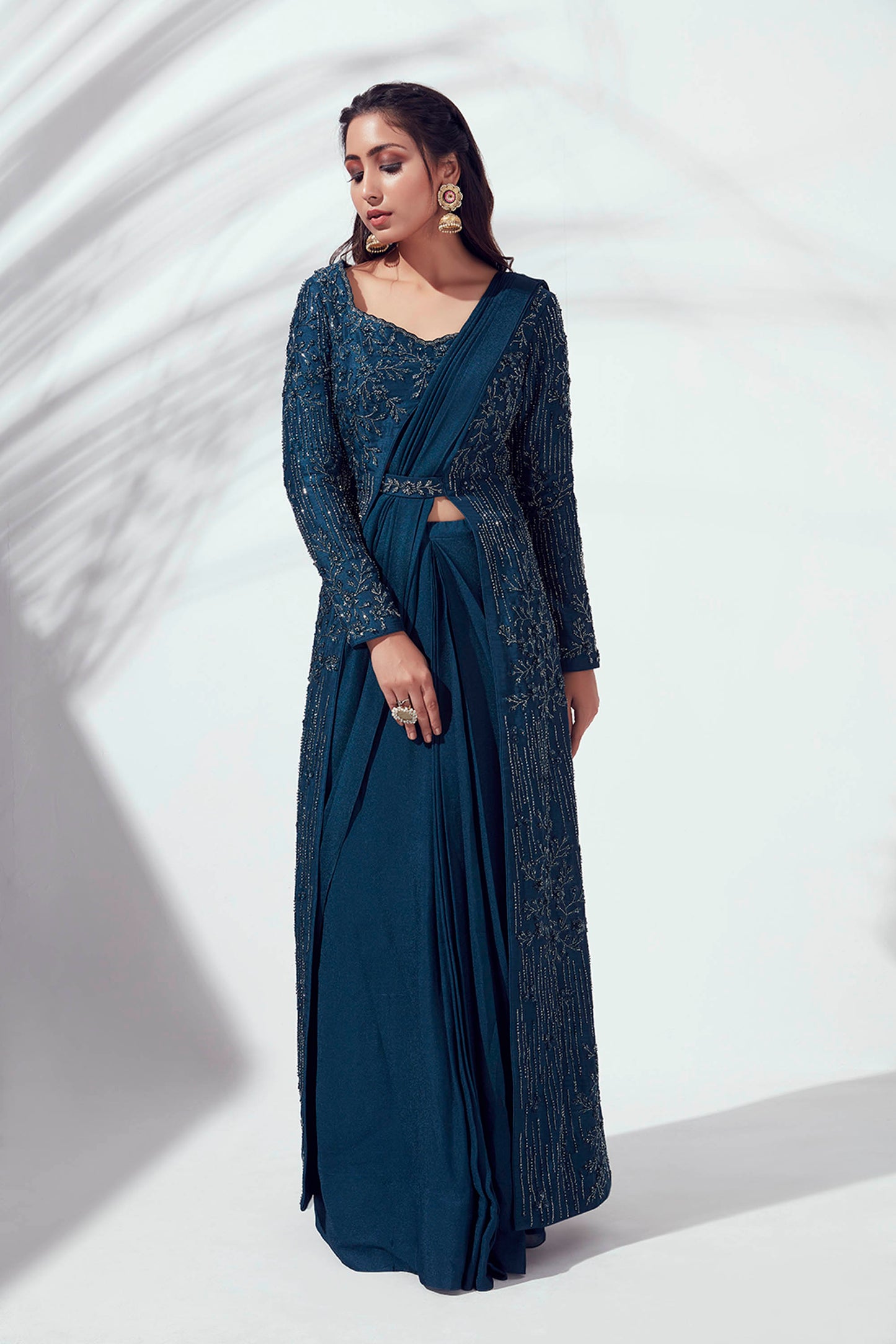 Teal Georgette Crepe Pre-Draped Saree Set