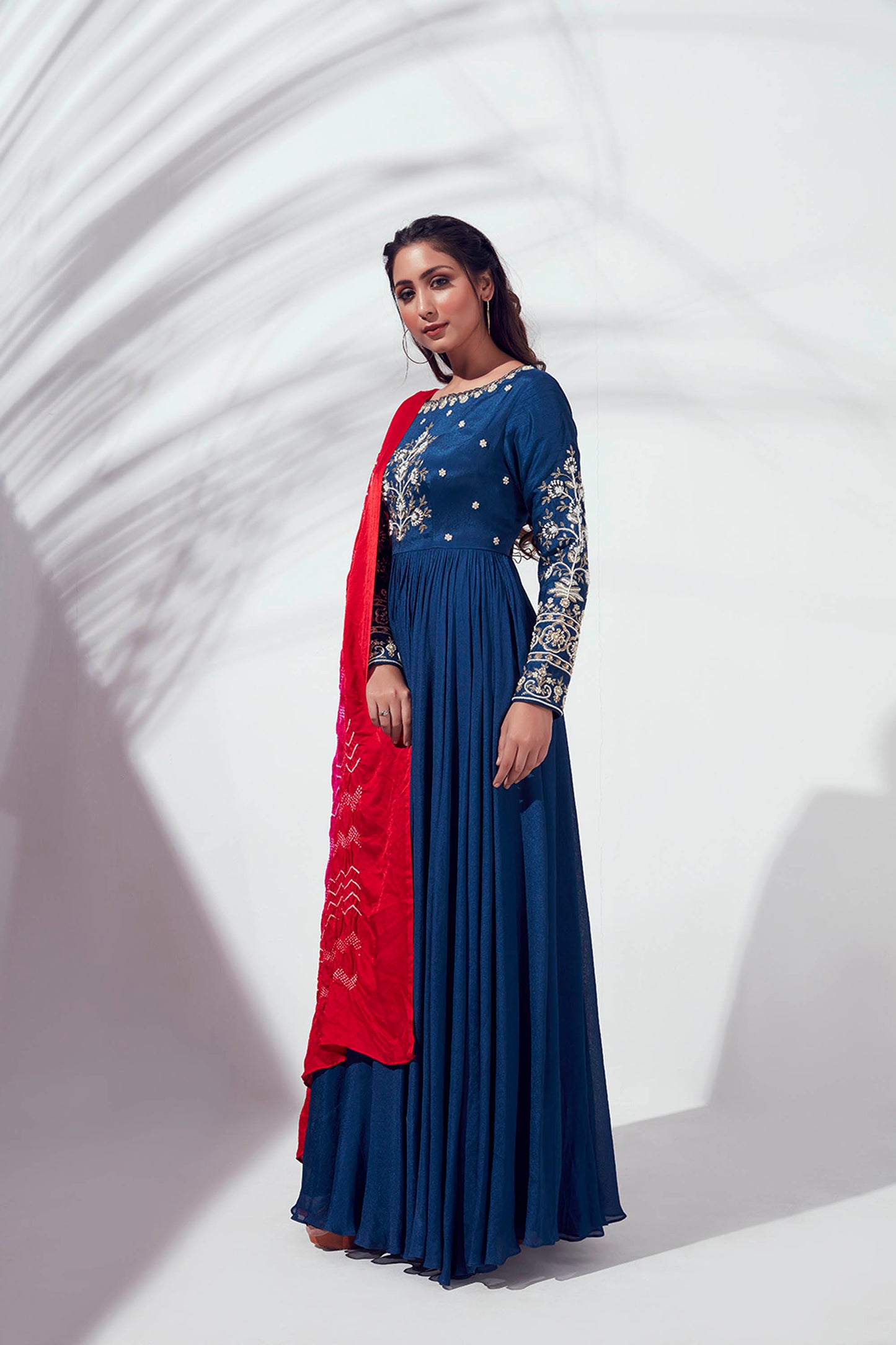 Royal Blue Embroidered Pleated Anarkali Set