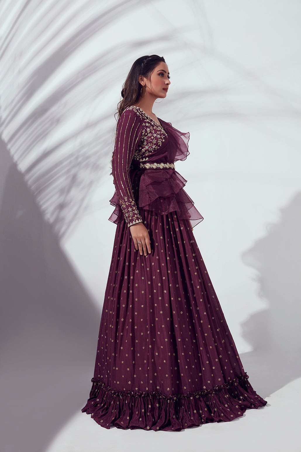 Wine Pleated Lehenga Set