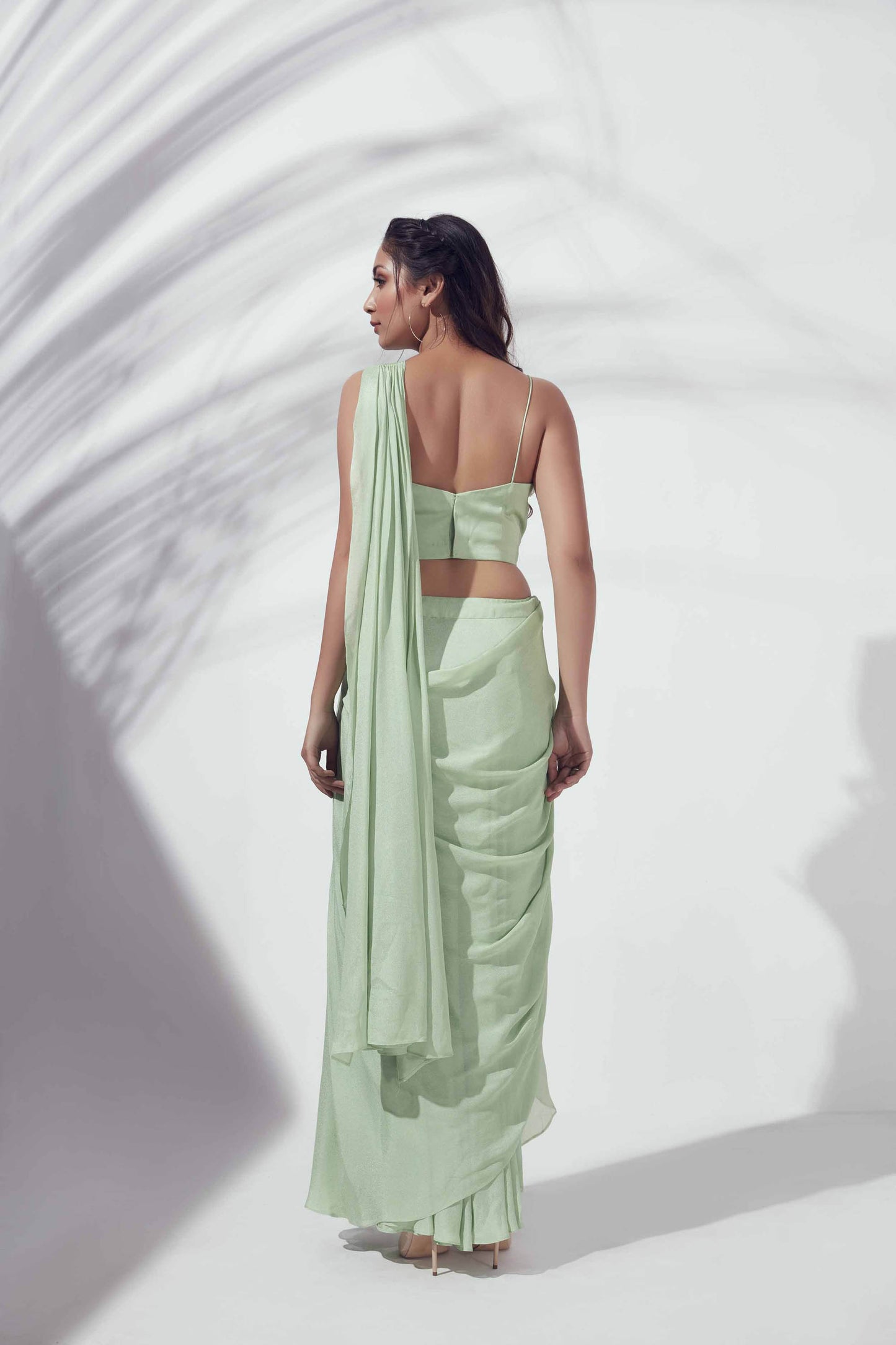 Green Pre-Draped Skirt Saree Set