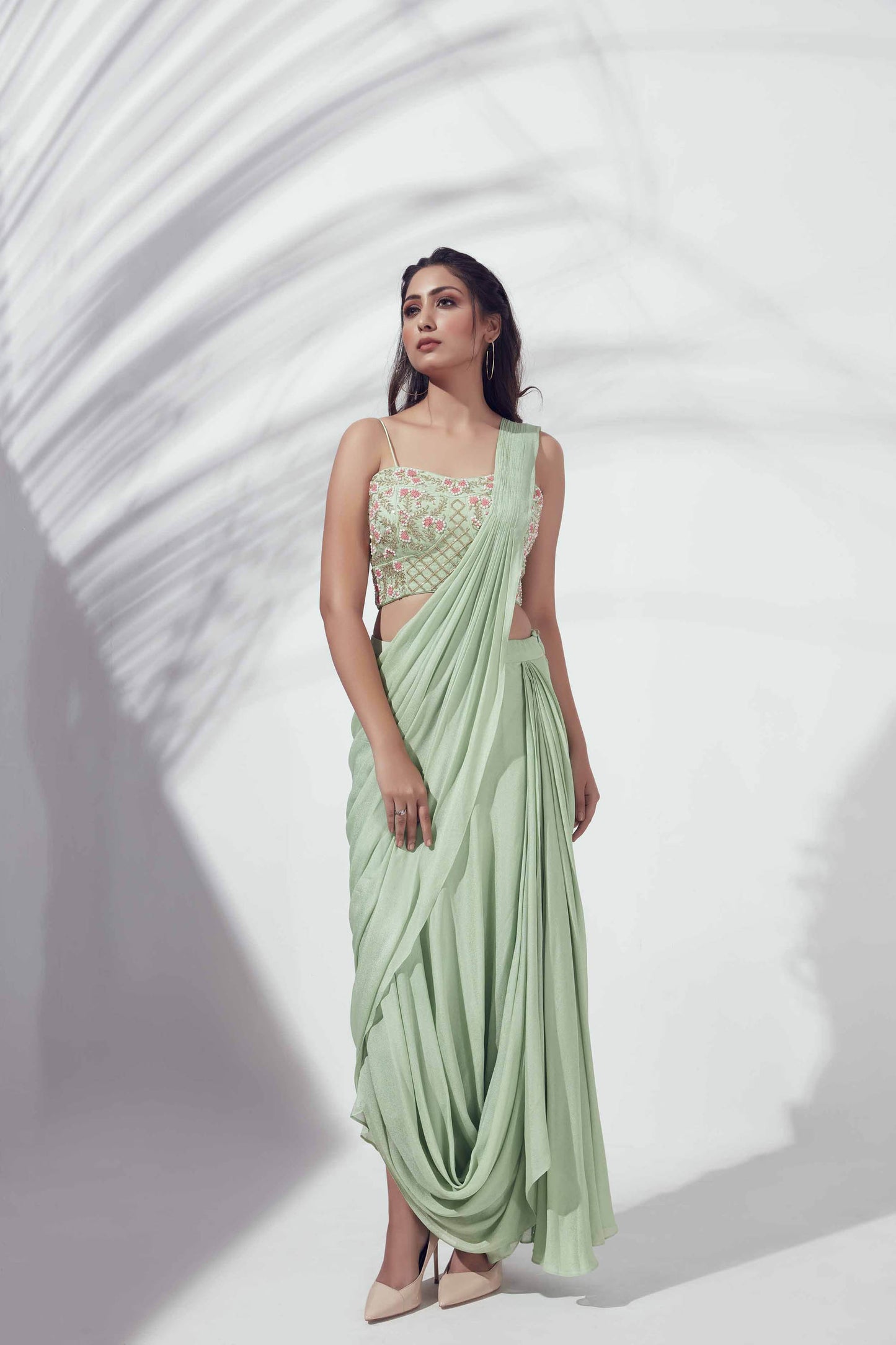 Green Pre-Draped Skirt Saree Set