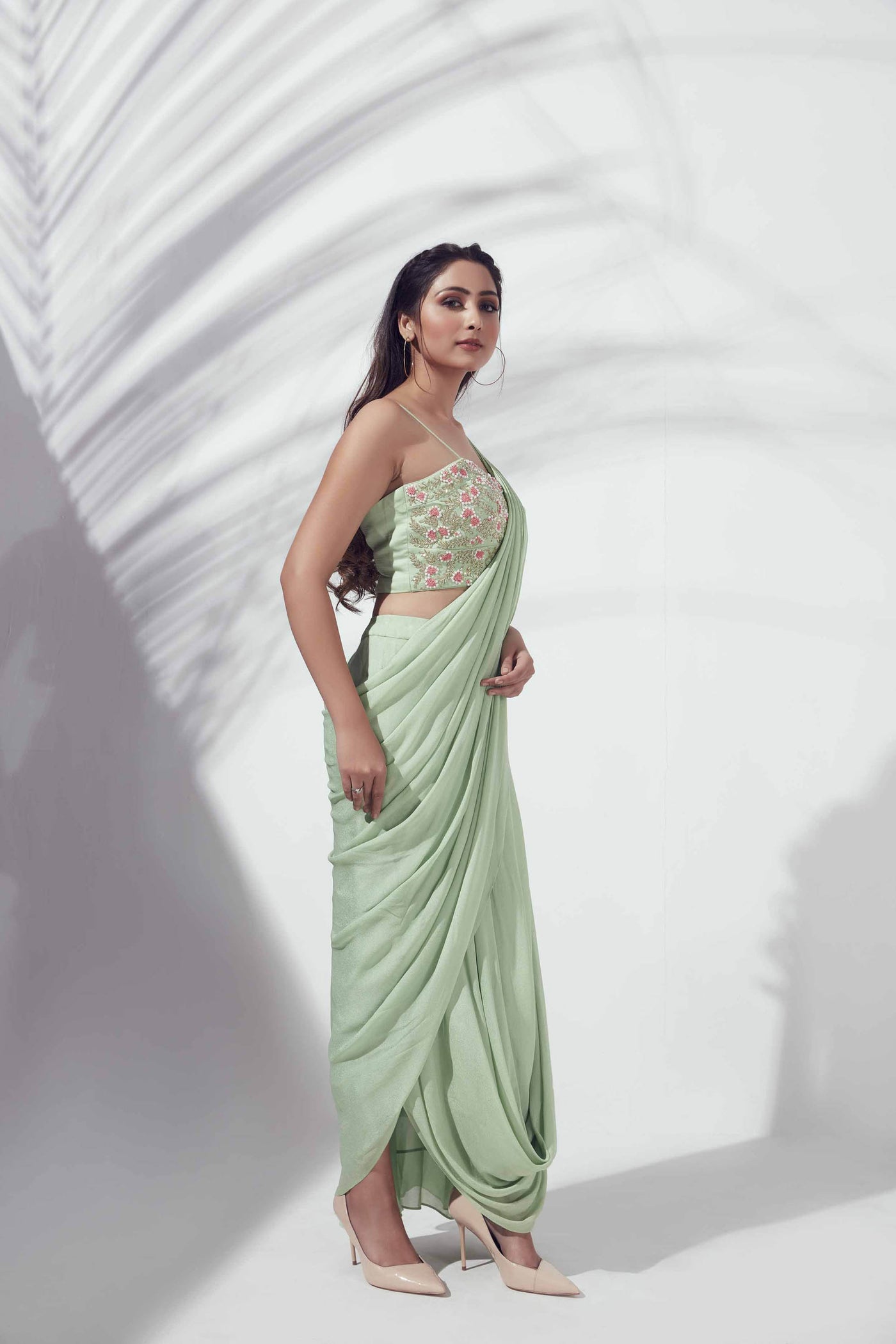 Green Pre-Draped Skirt Saree Set