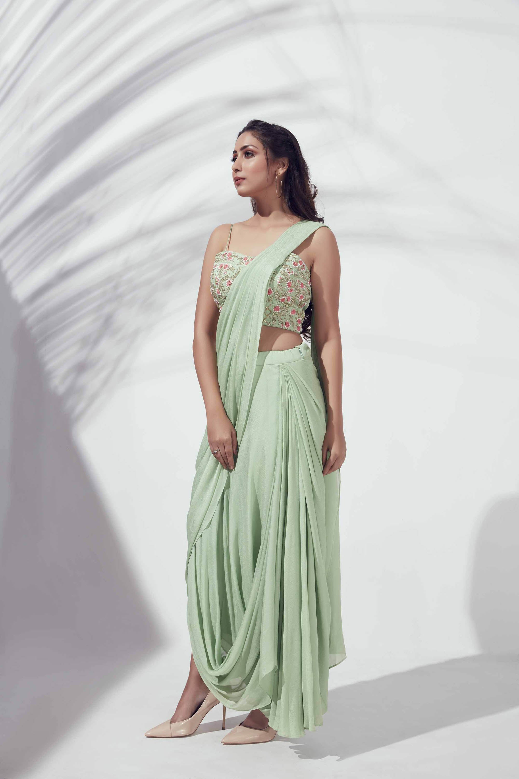 Green Pre-Draped Skirt Saree Set