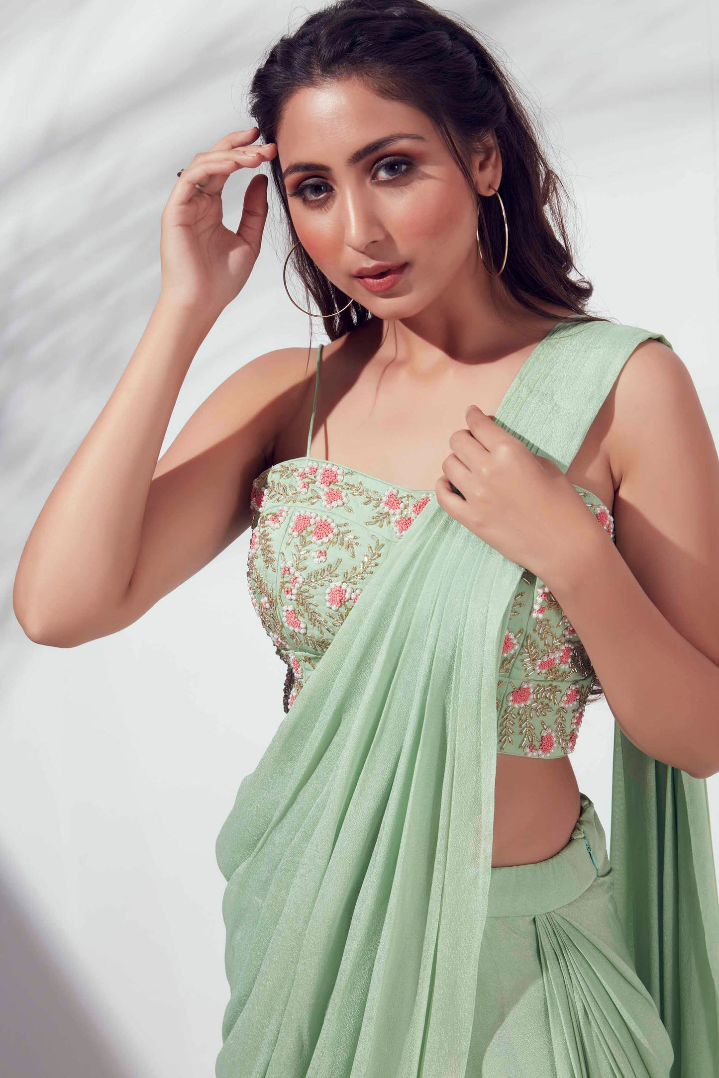 Green Pre-Draped Skirt Saree Set