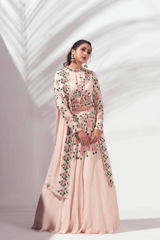 Pastel Pink Floral Motif Lehenga Set