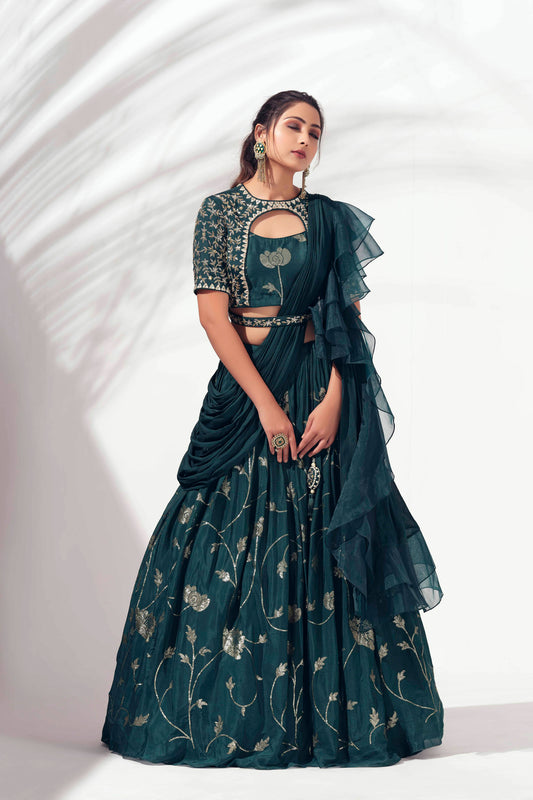 Midnight Green Embroidered Lehenga set