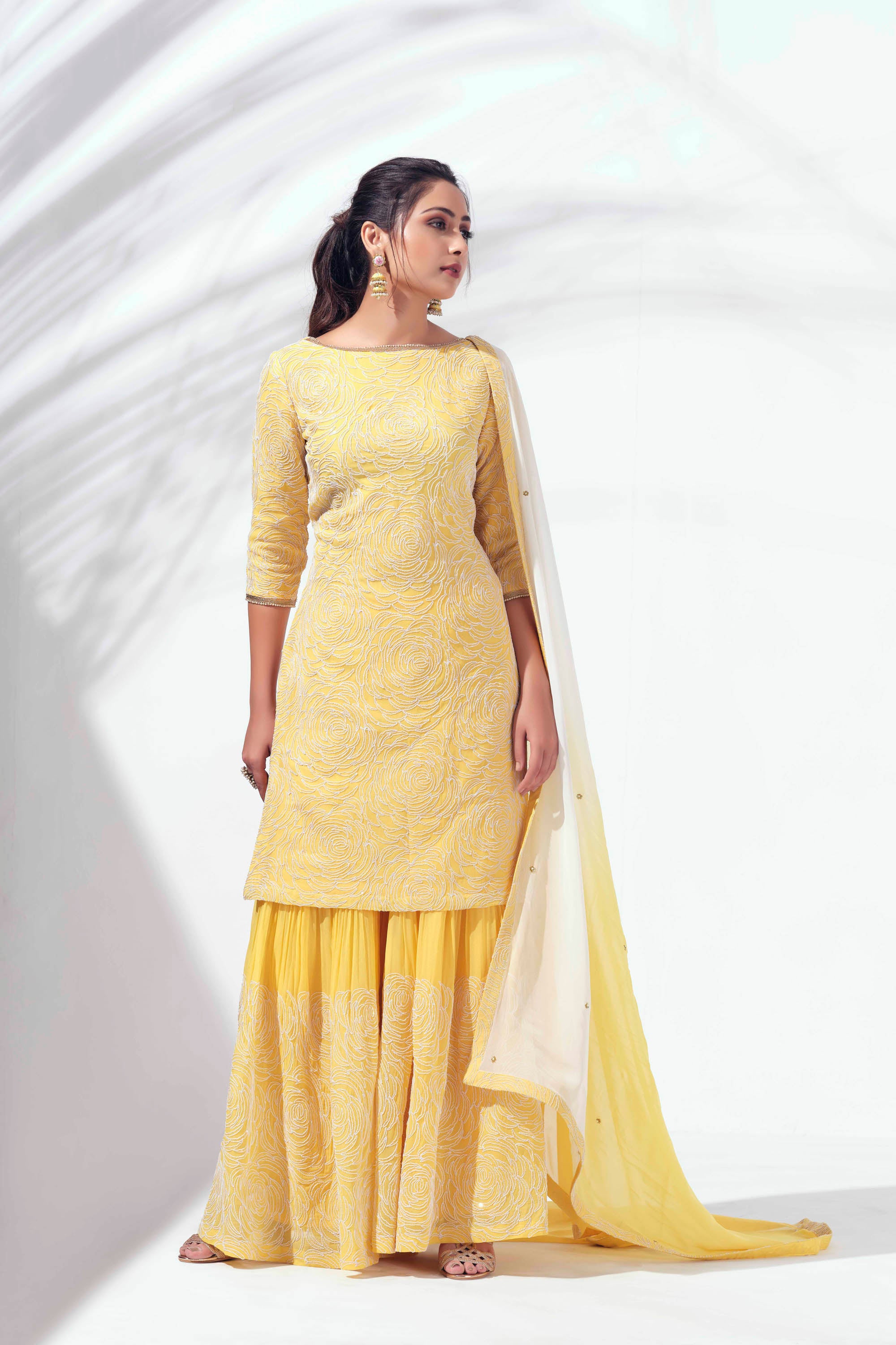Yellow Sequins Embroidered Sharara Set