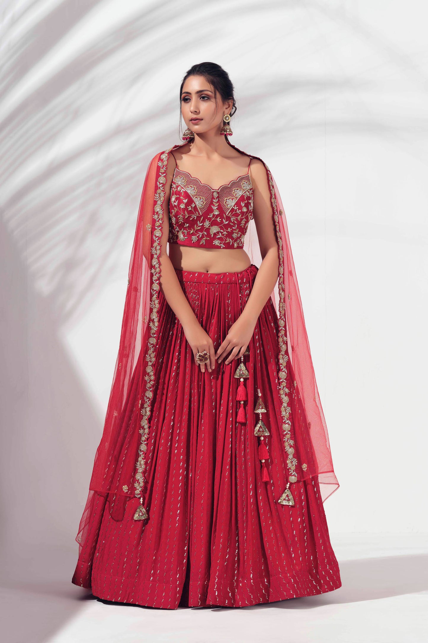 Red Gergette Crepe Pleated Lehenga