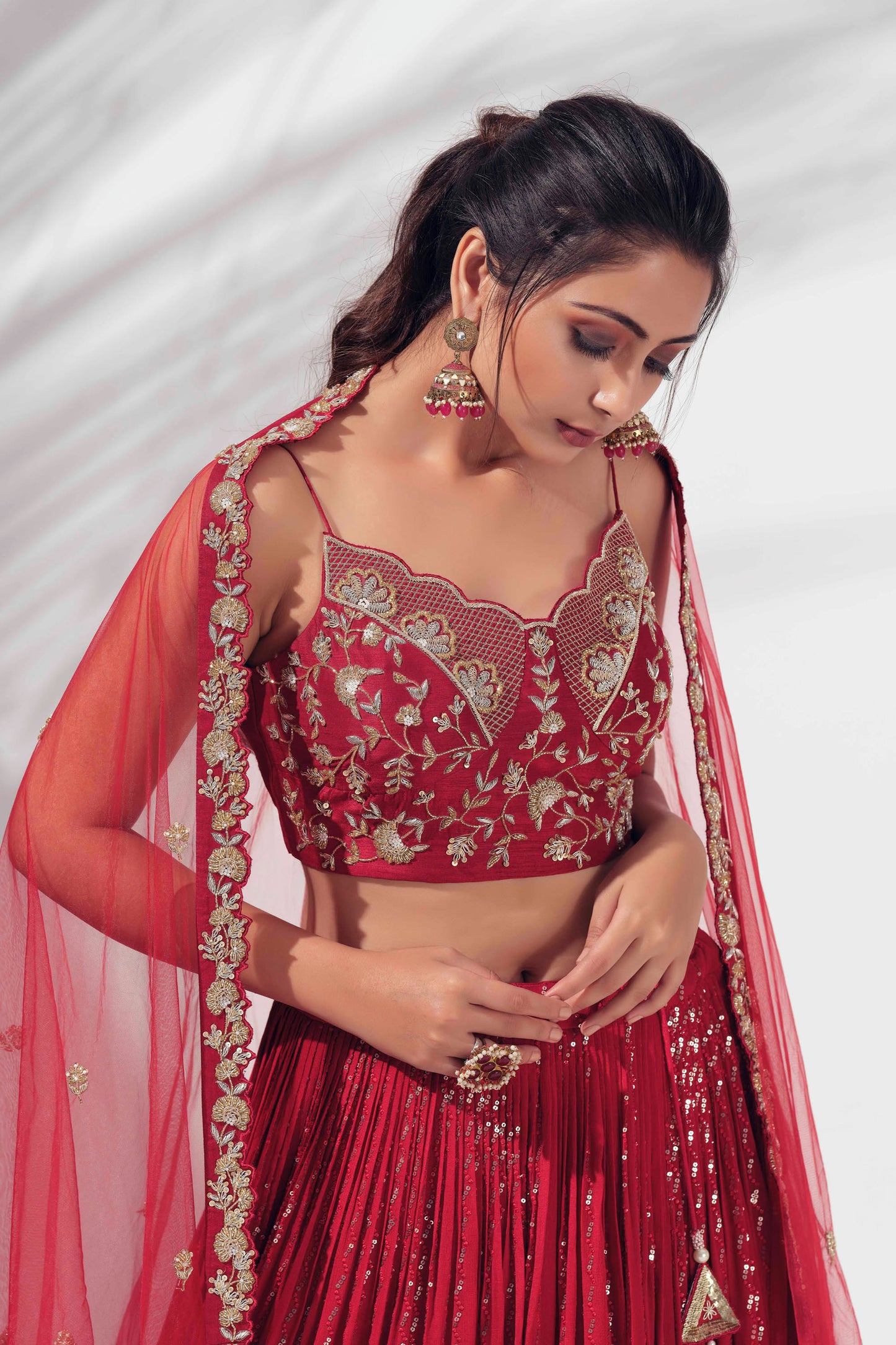 Red Gergette Crepe Pleated Lehenga